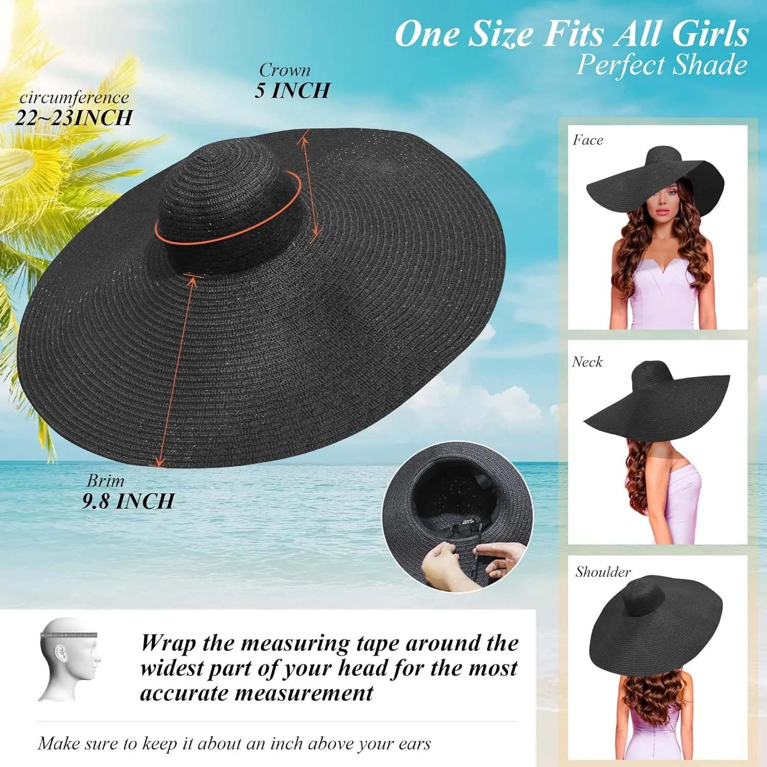 Oversized Sun Straw Hat for Women, UPF 50  Floppy Wide Brim Summer Hat, Foldable Roll Up Travel Hat Beach Hats for Women