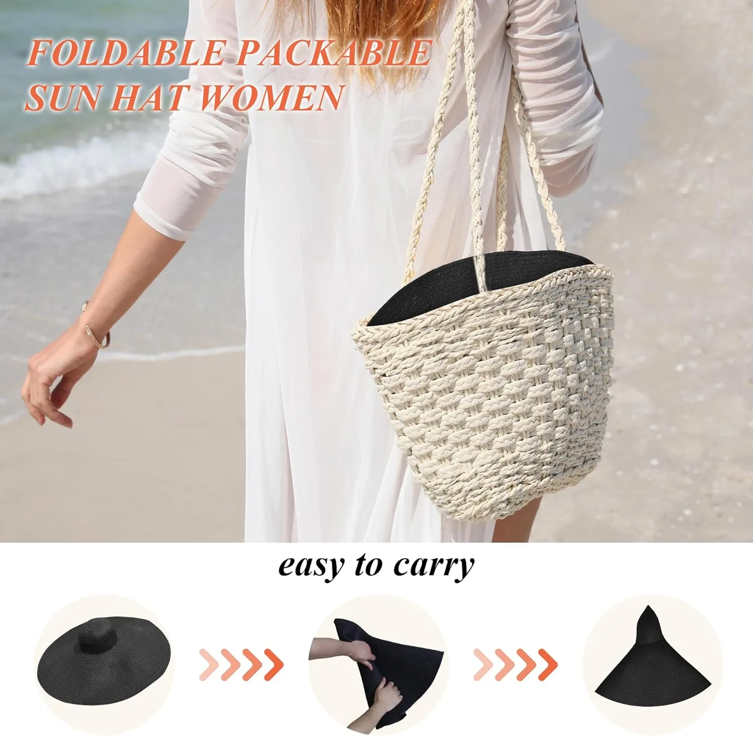 Oversized Sun Straw Hat for Women, UPF 50  Floppy Wide Brim Summer Hat, Foldable Roll Up Travel Hat Beach Hats for Women