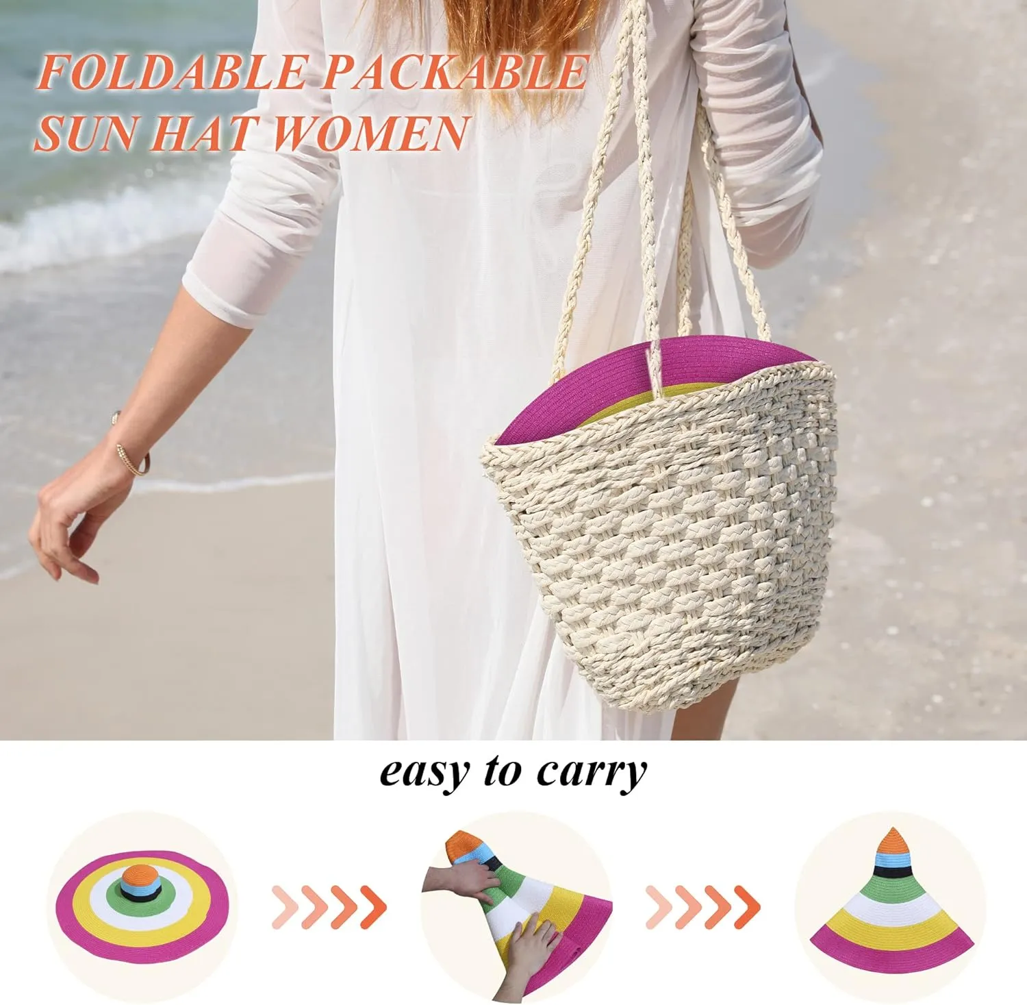 Oversized Sun Straw Hat for Women, UPF 50  Floppy Wide Brim Summer Hat, Foldable Roll Up Travel Hat Beach Hats for Women