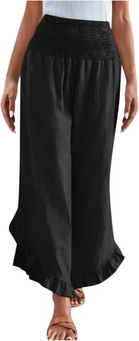 Palazzo Pants for Women Summer Linen Smocked Waist Wide Leg Pant Boho Flowy Ruffle Hem Casual Beach Vacation Trousers