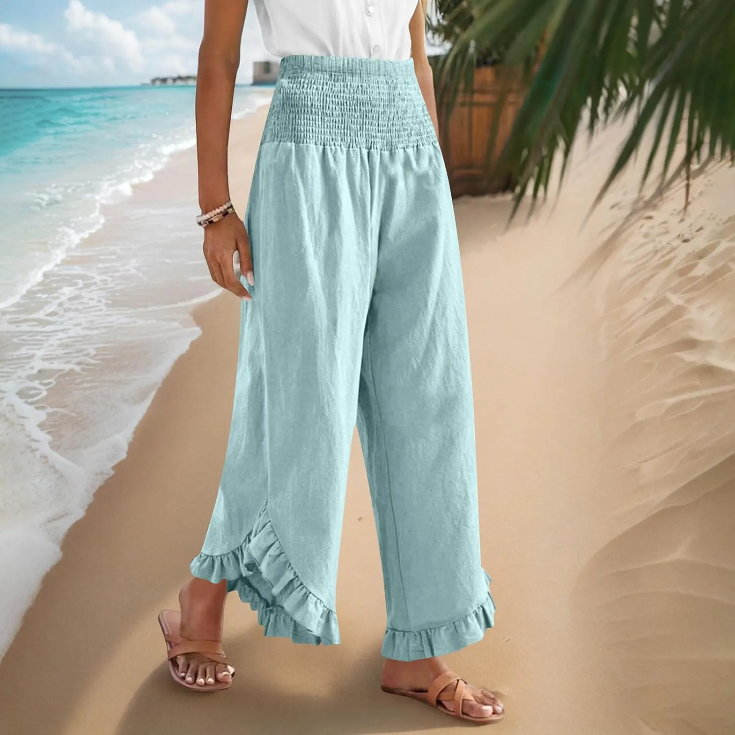 Palazzo Pants for Women Summer Linen Smocked Waist Wide Leg Pant Boho Flowy Ruffle Hem Casual Beach Vacation Trousers
