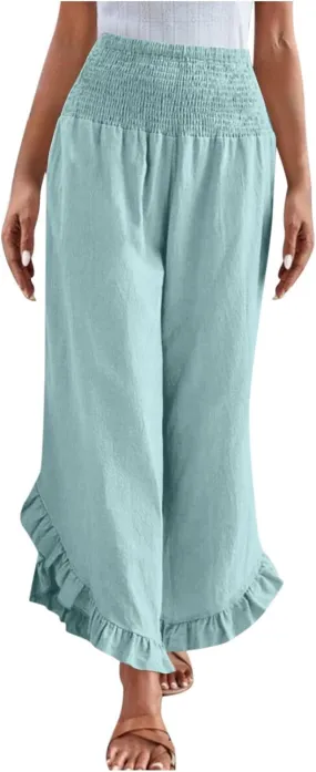Palazzo Pants for Women Summer Linen Smocked Waist Wide Leg Pant Boho Flowy Ruffle Hem Casual Beach Vacation Trousers