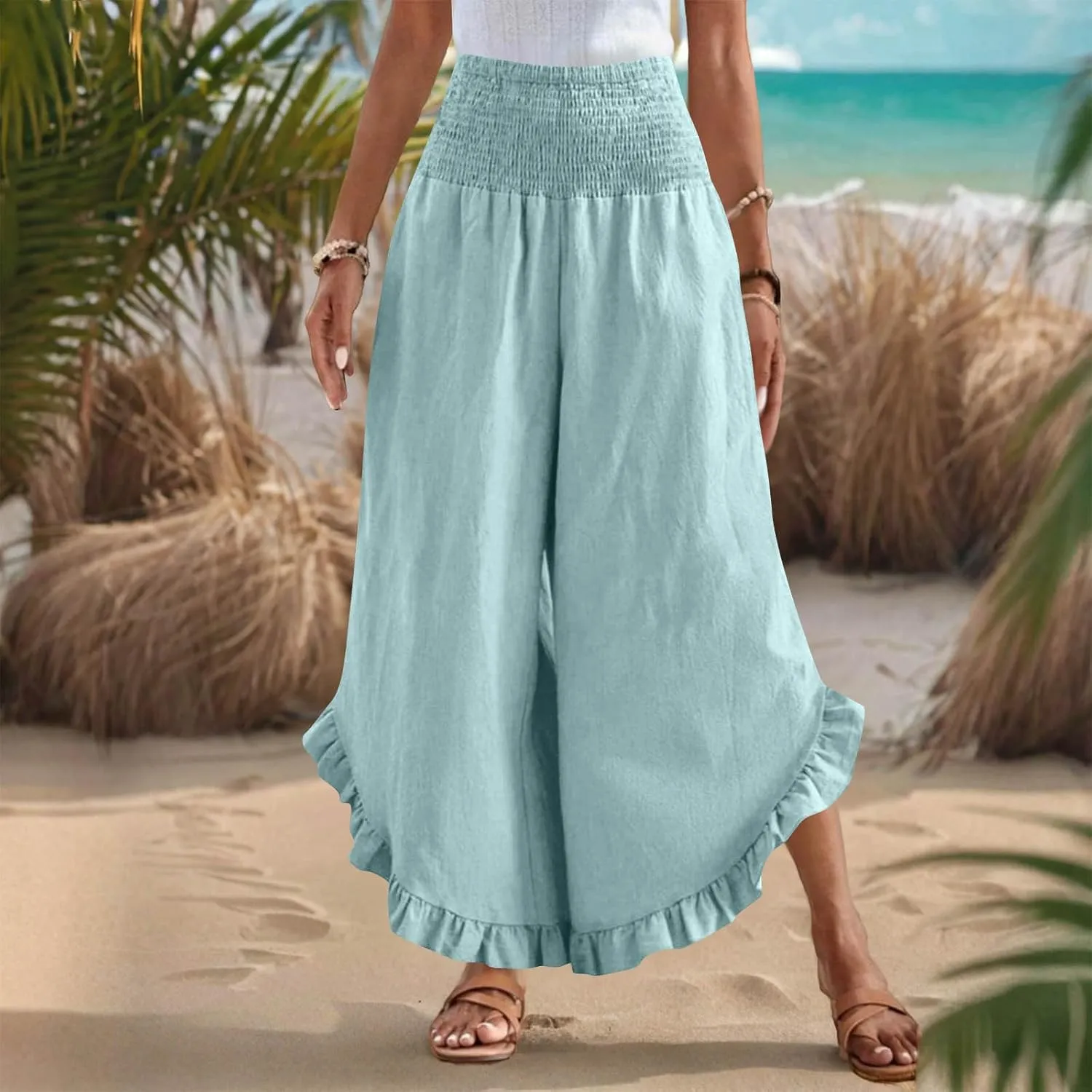 Palazzo Pants for Women Summer Linen Smocked Waist Wide Leg Pant Boho Flowy Ruffle Hem Casual Beach Vacation Trousers