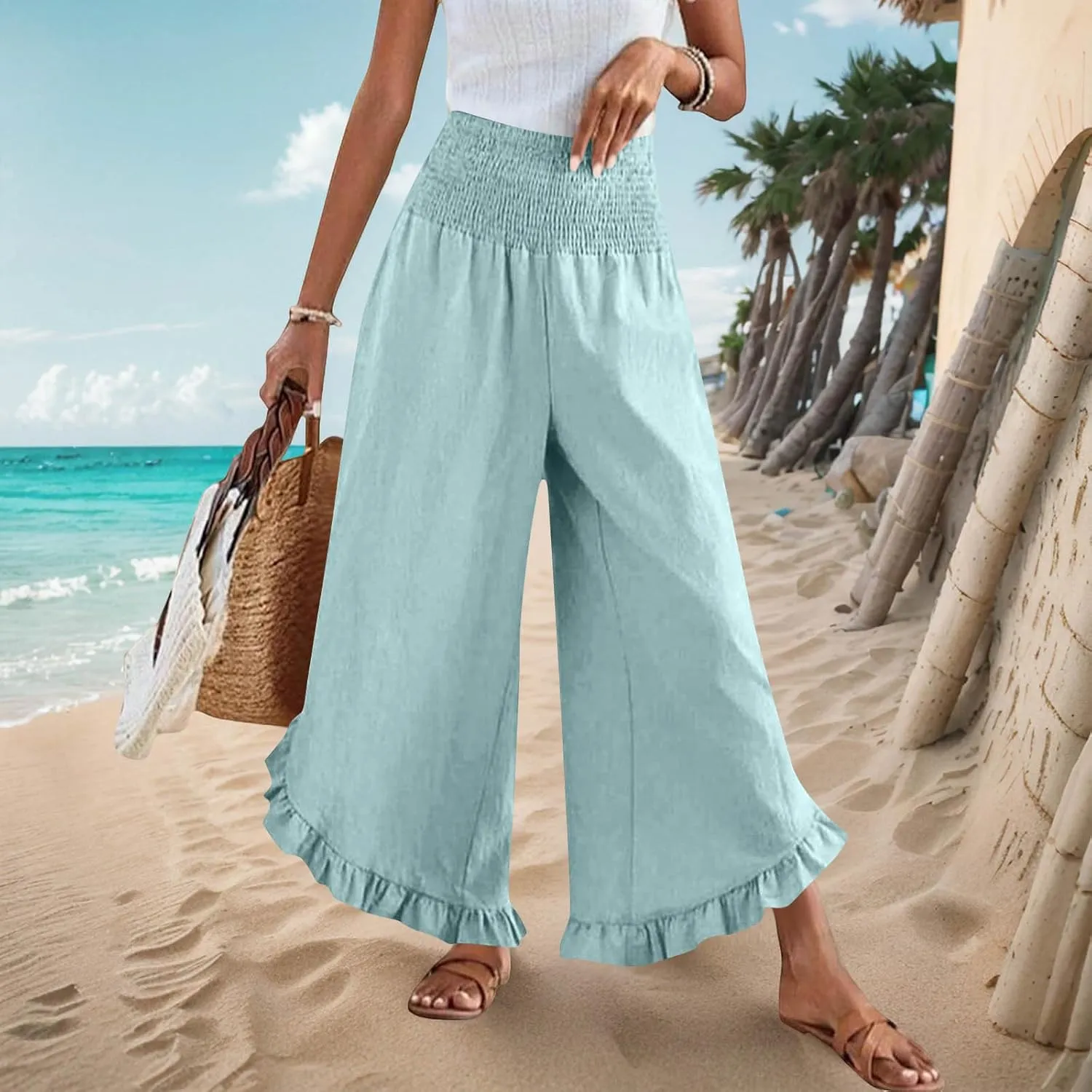 Palazzo Pants for Women Summer Linen Smocked Waist Wide Leg Pant Boho Flowy Ruffle Hem Casual Beach Vacation Trousers