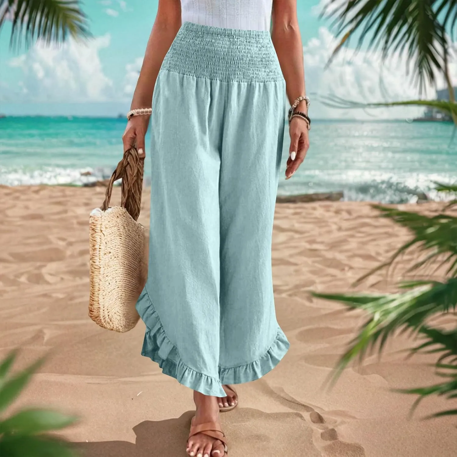 Palazzo Pants for Women Summer Linen Smocked Waist Wide Leg Pant Boho Flowy Ruffle Hem Casual Beach Vacation Trousers