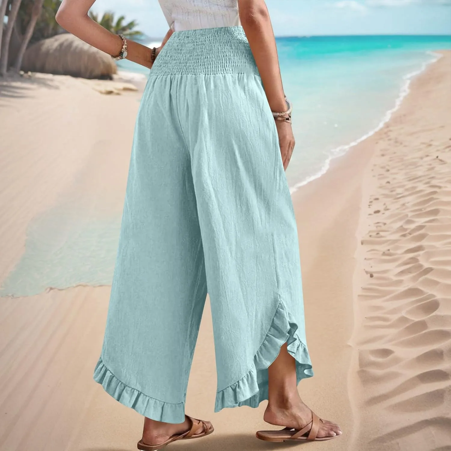 Palazzo Pants for Women Summer Linen Smocked Waist Wide Leg Pant Boho Flowy Ruffle Hem Casual Beach Vacation Trousers