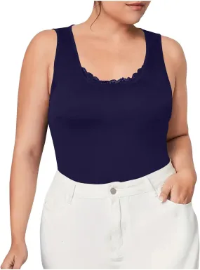 Plus Size Fitted Camisole for Women, Lace Trim U Neck Tank Tops Soft Stretch Cami Shirts Sleeveless Basic Undershrit