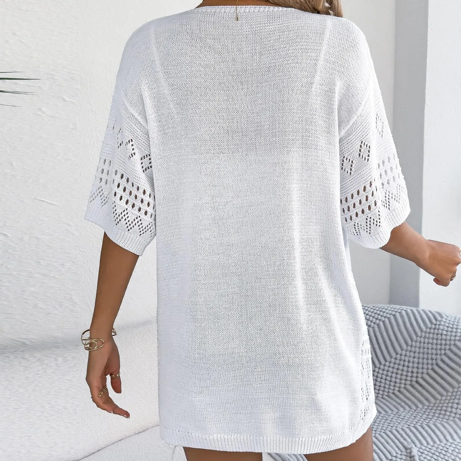 Plus Size Lightweight Crochet Cardigan for Women Half Sleeve Summer Kimonos Sweater Boho Open Front Knitted Coverup