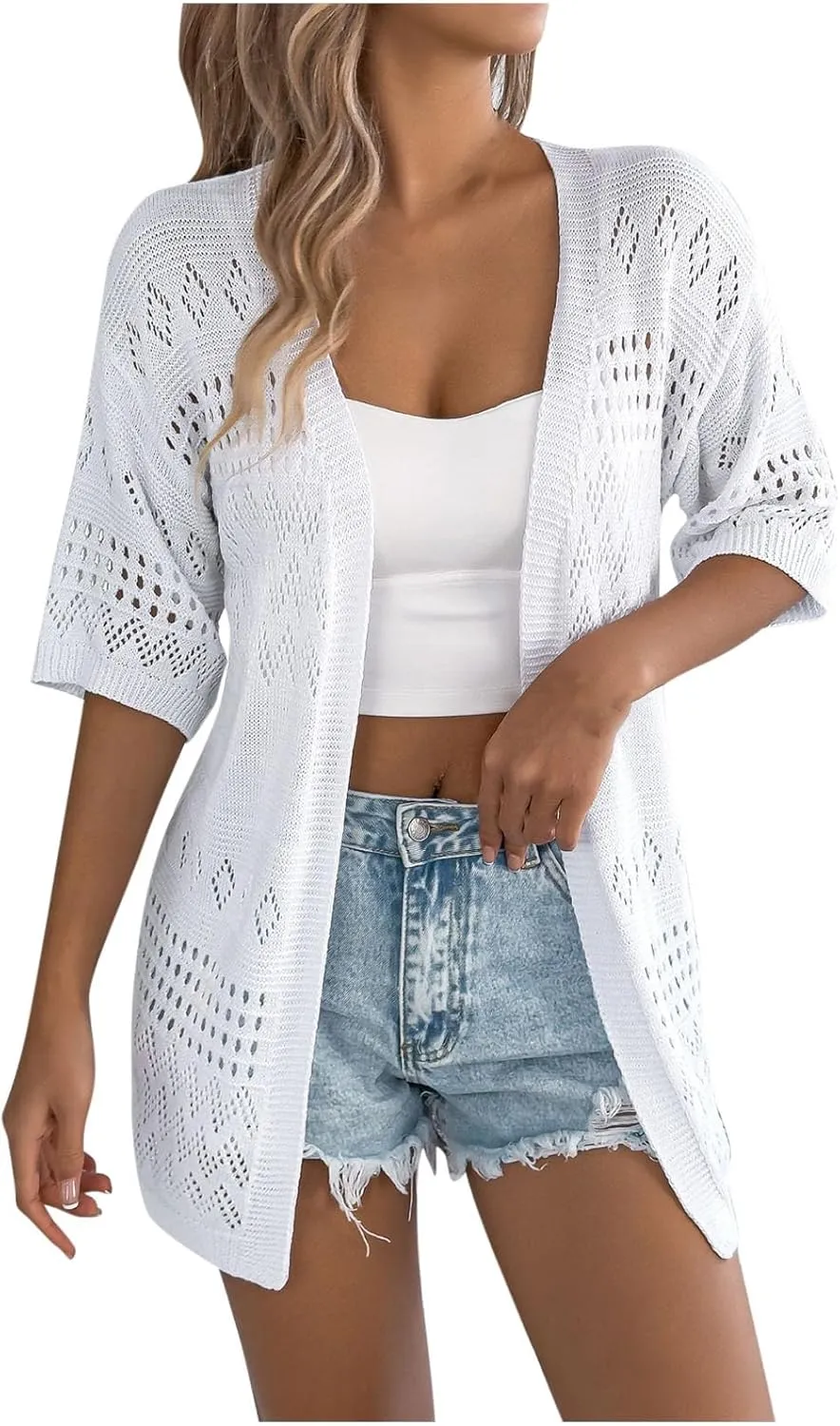 Plus Size Lightweight Crochet Cardigan for Women Half Sleeve Summer Kimonos Sweater Boho Open Front Knitted Coverup