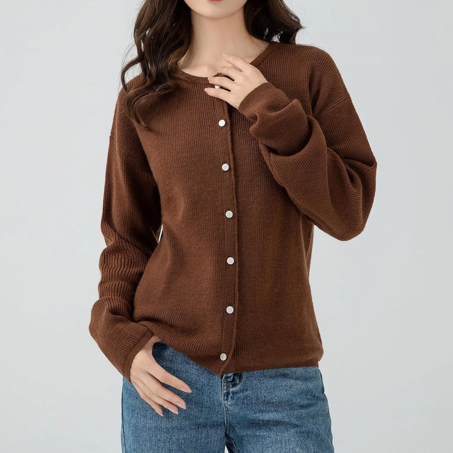 Simple&Opulence Women’s Cardigan Button Down Crew Neck Sweater Open Front Long Sleeve Lightweight Knitted Sweaters