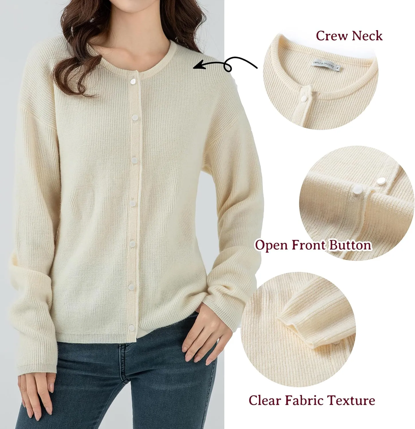 Simple&Opulence Women’s Cardigan Button Down Crew Neck Sweater Open Front Long Sleeve Lightweight Knitted Sweaters