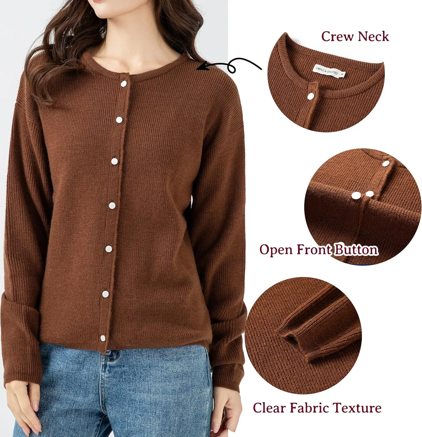 Simple&Opulence Women’s Cardigan Button Down Crew Neck Sweater Open Front Long Sleeve Lightweight Knitted Sweaters