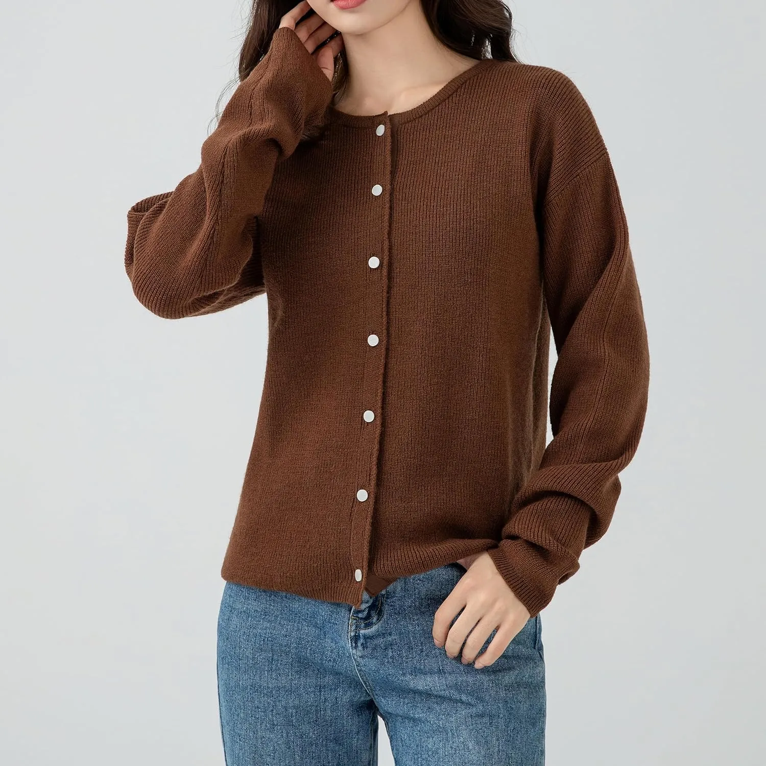 Simple&Opulence Women’s Cardigan Button Down Crew Neck Sweater Open Front Long Sleeve Lightweight Knitted Sweaters