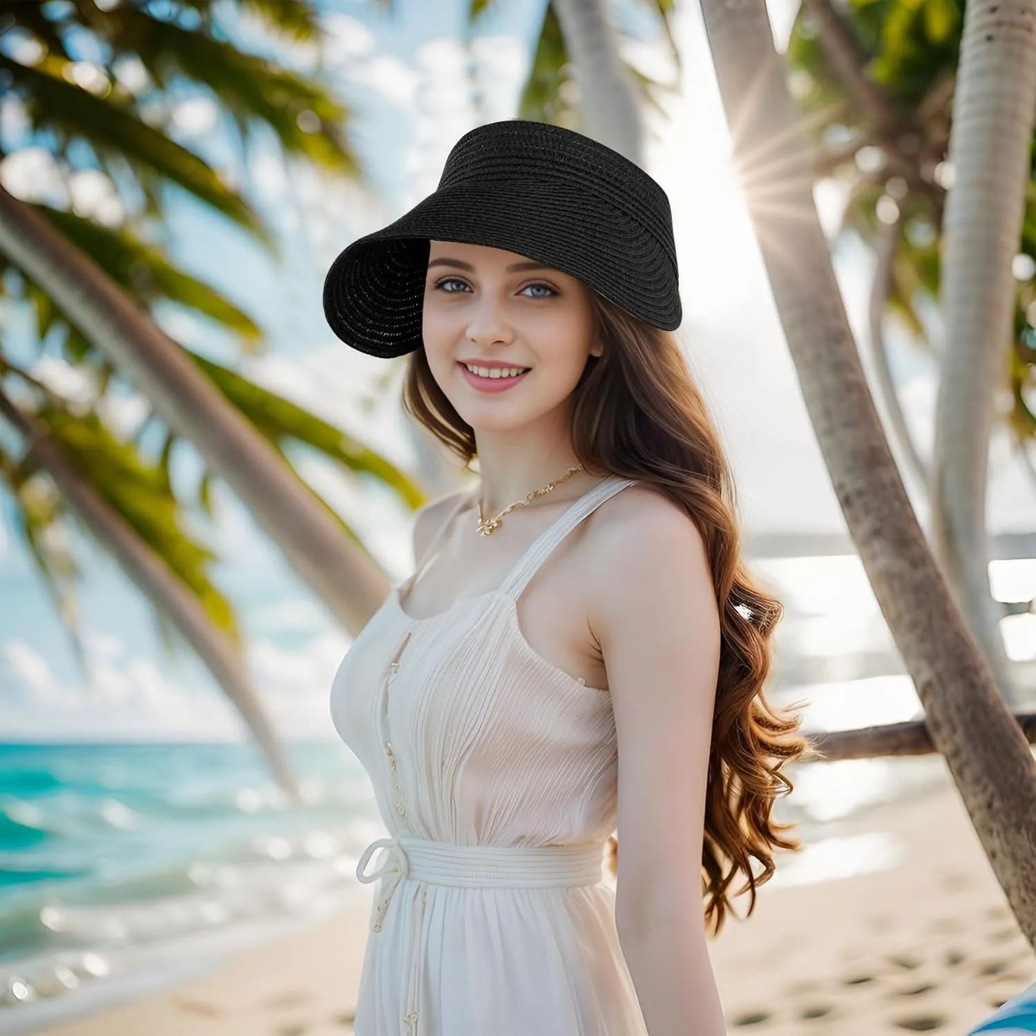 Straw Sun Visors Womens, Ponytail Beach Straw Visor, Packable Summer Sun Hats for Women Travel