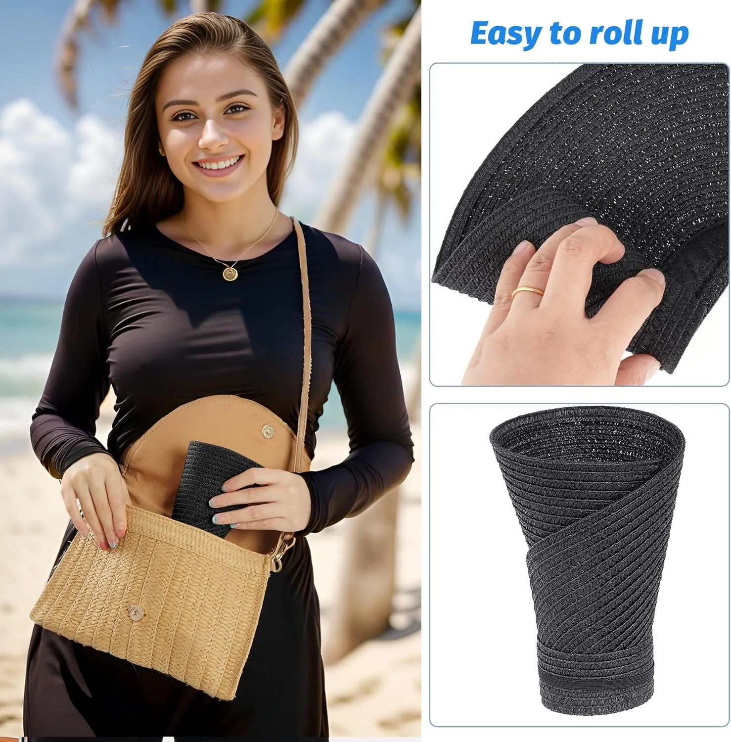 Straw Sun Visors Womens, Ponytail Beach Straw Visor, Packable Summer Sun Hats for Women Travel