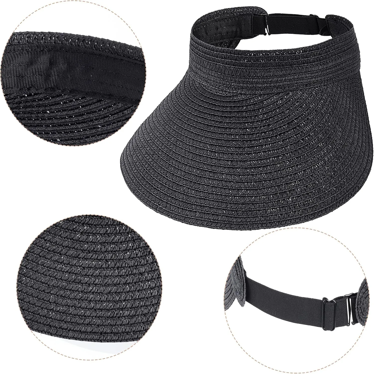 Straw Sun Visors Womens, Ponytail Beach Straw Visor, Packable Summer Sun Hats for Women Travel