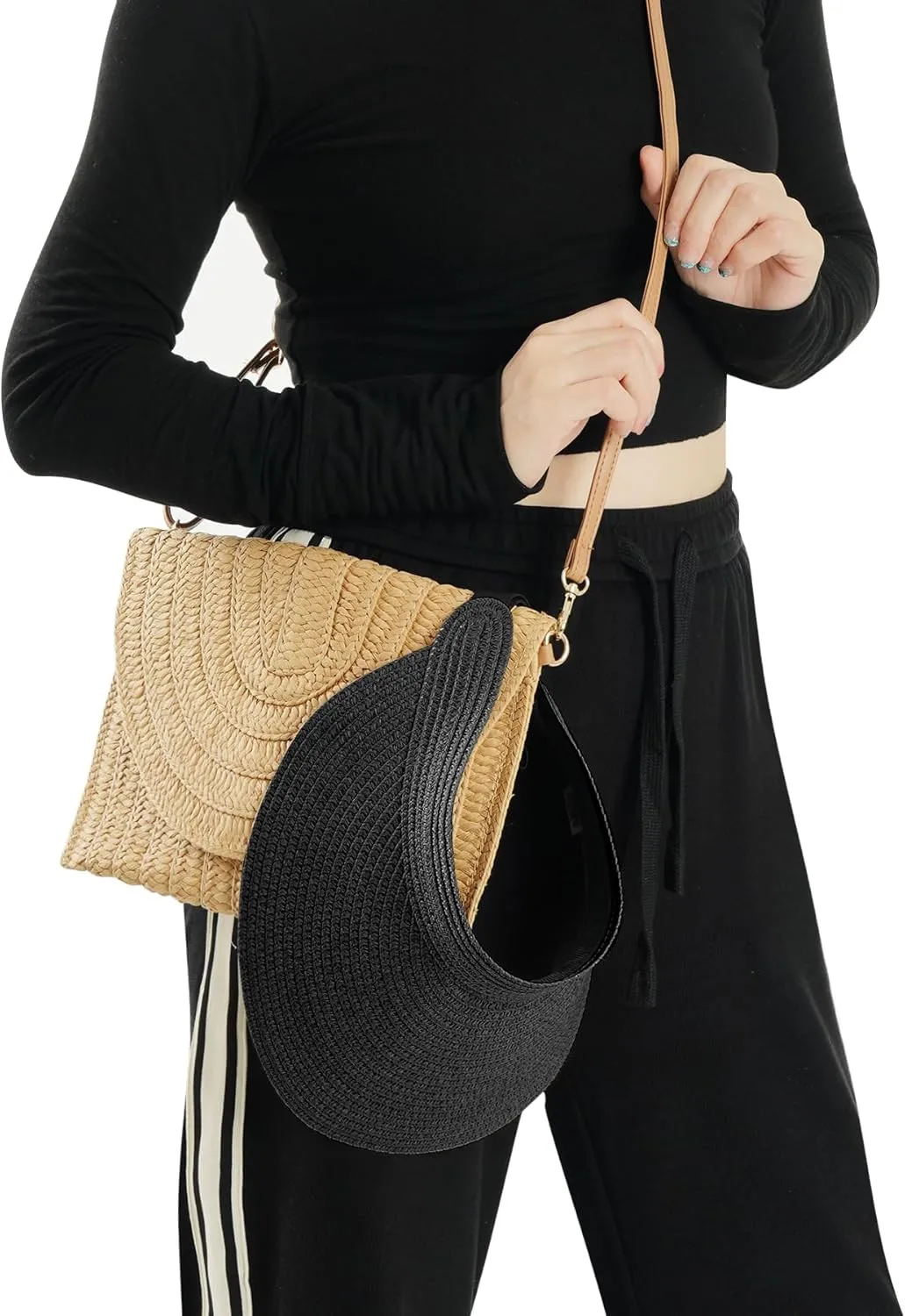 Straw Sun Visors Womens, Ponytail Beach Straw Visor, Packable Summer Sun Hats for Women Travel