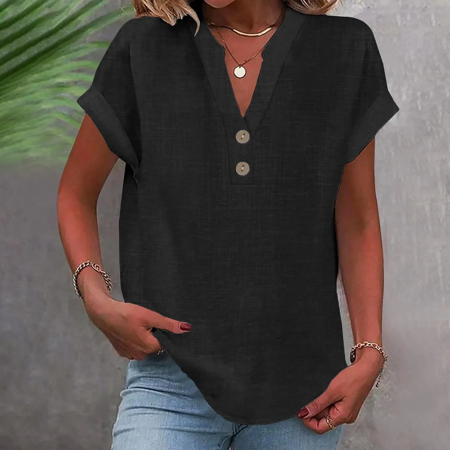 Summer Liner Tops for Women 2024 Fashion Solid Button Down Shirt Ladies V-Neck Loose T-Shirt Dressy Business Blouse