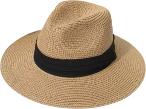 Summer Straw Fedora Hat for Women Men Travel Panama Hat with Wide Brim Roll Up Sun Hat for Beach Outdoor UPF 50 