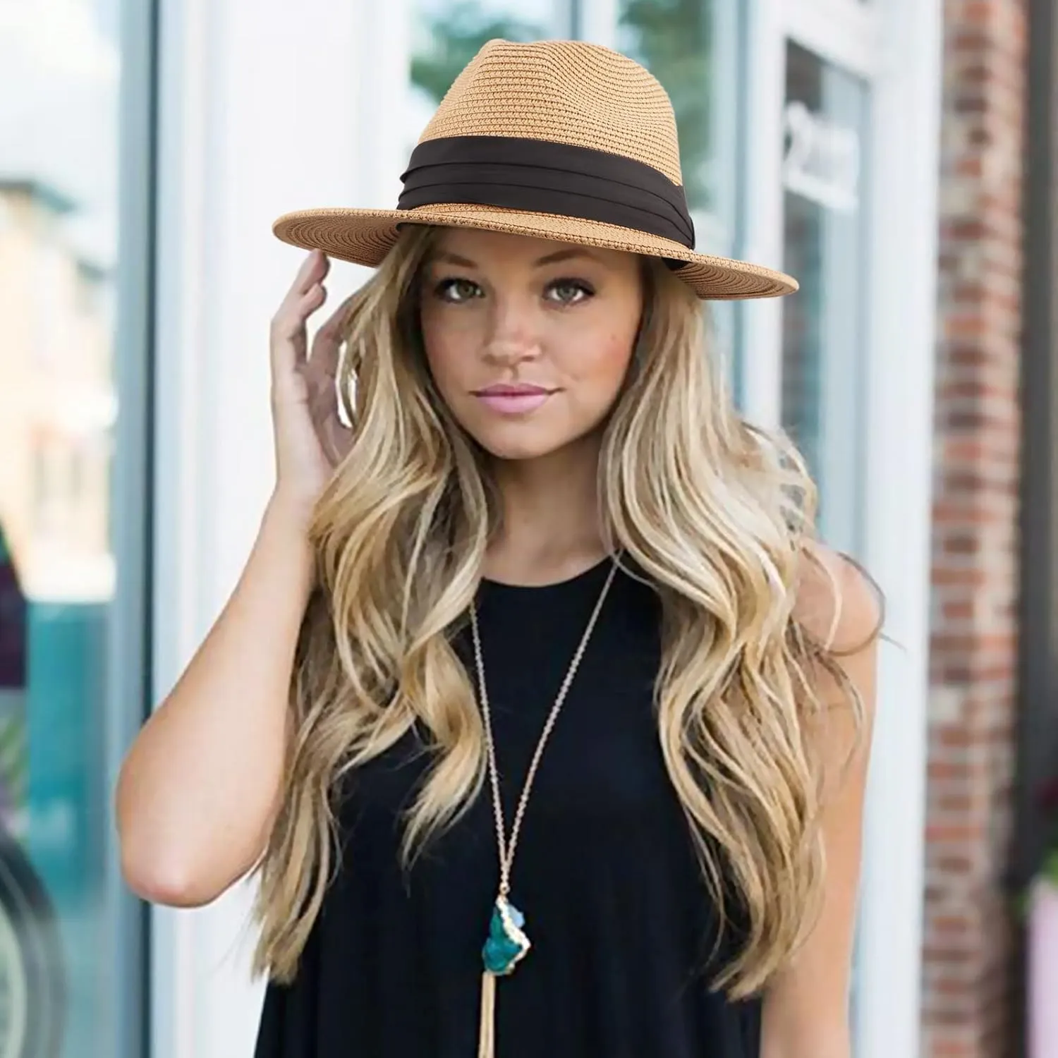 Summer Straw Fedora Hat for Women Men Travel Panama Hat with Wide Brim Roll Up Sun Hat for Beach Outdoor UPF 50 