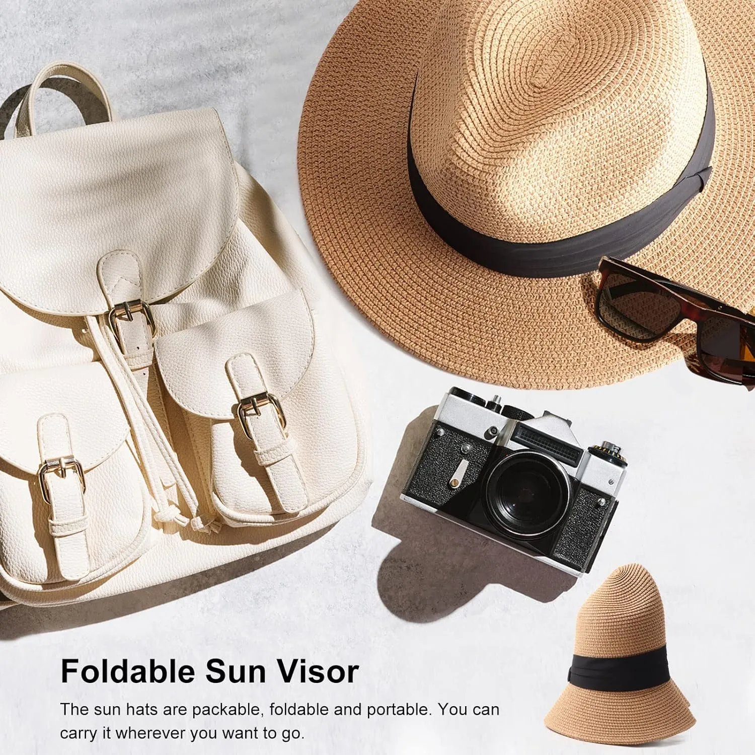 Summer Straw Fedora Hat for Women Men Travel Panama Hat with Wide Brim Roll Up Sun Hat for Beach Outdoor UPF 50 