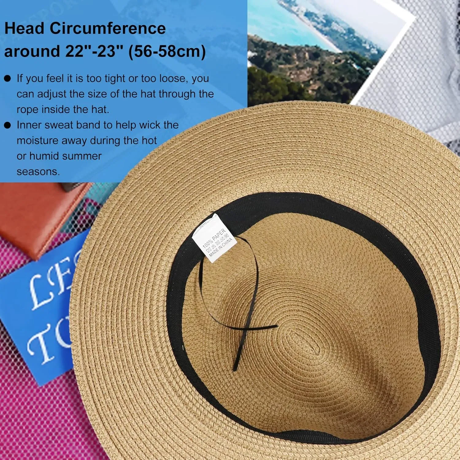 Summer Straw Fedora Hat for Women Men Travel Panama Hat with Wide Brim Roll Up Sun Hat for Beach Outdoor UPF 50 