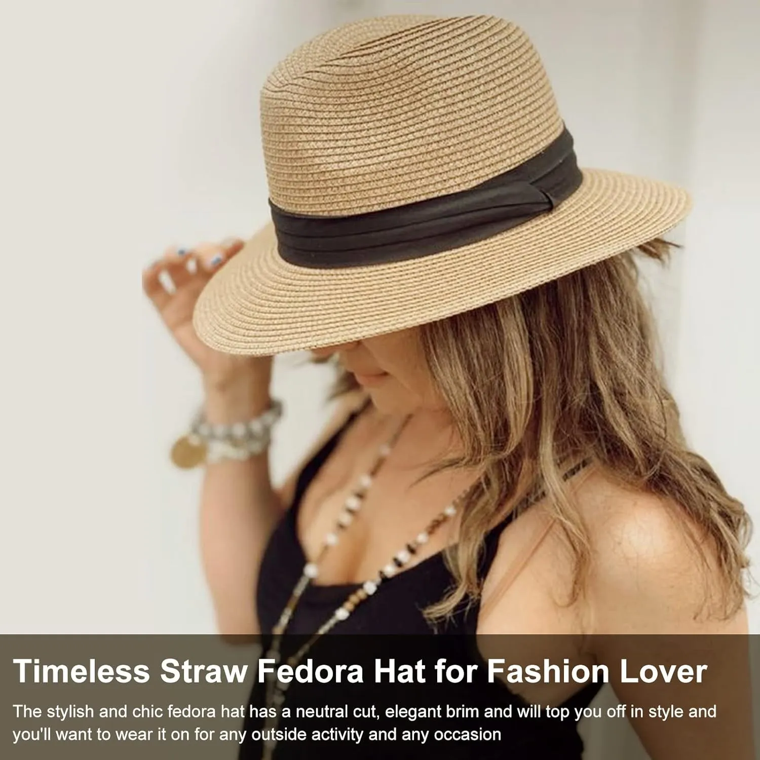 Summer Straw Fedora Hat for Women Men Travel Panama Hat with Wide Brim Roll Up Sun Hat for Beach Outdoor UPF 50 