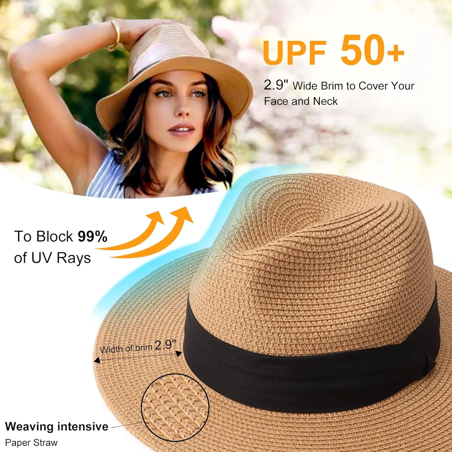 Summer Straw Fedora Hat for Women Men Travel Panama Hat with Wide Brim Roll Up Sun Hat for Beach Outdoor UPF 50 