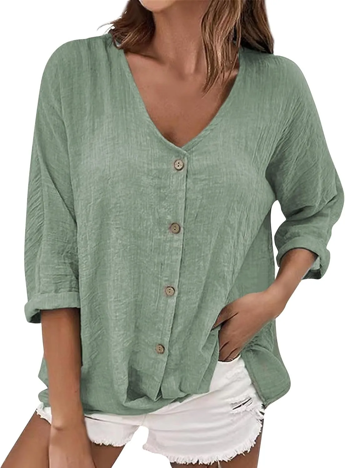 Summer Tops for Women 2025 Trendy Cotton Linen Shirt Casual Button V Neck Tunic Beach Vacation Blouses