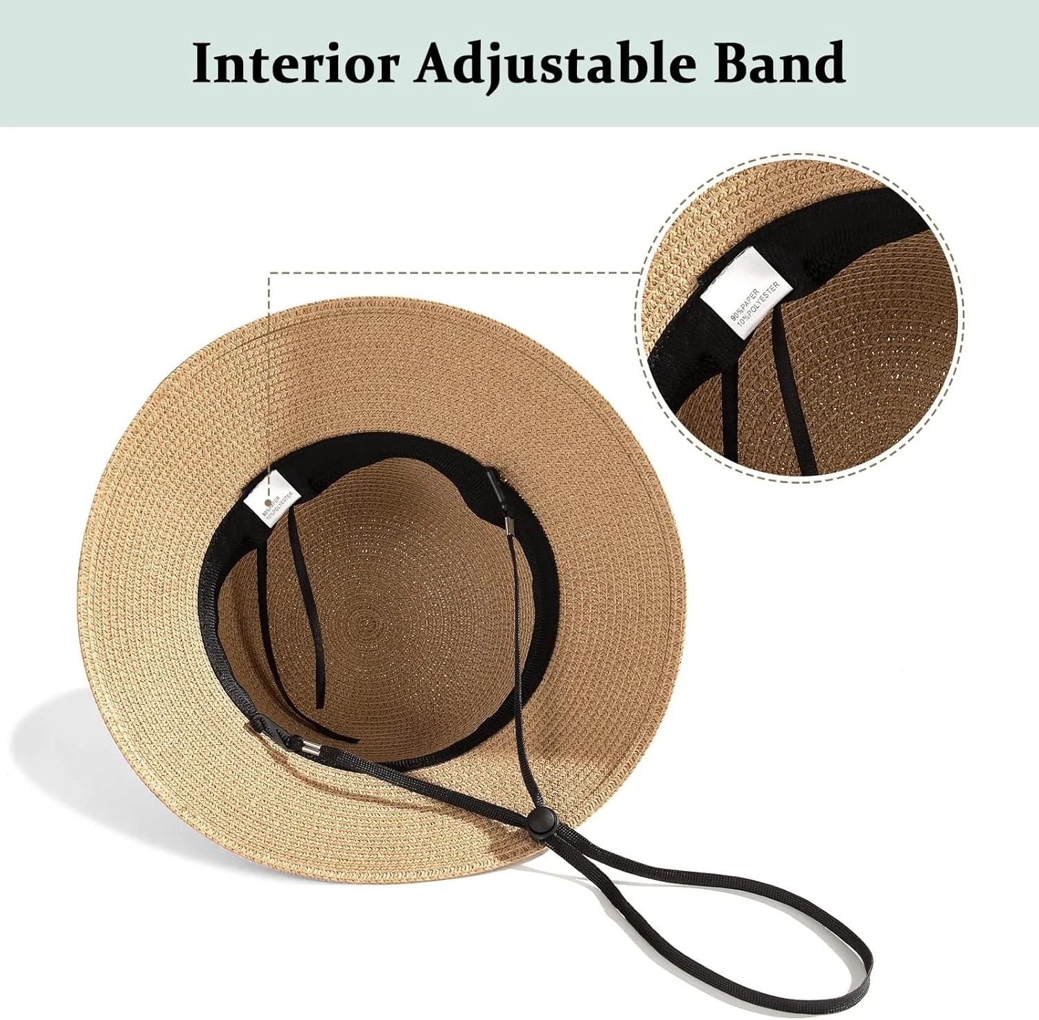 Sun Beach Hats for Women,Wide Brim Straw Hats Womens with Chin Strap, Foldable Woven Sun Hat UV Protection