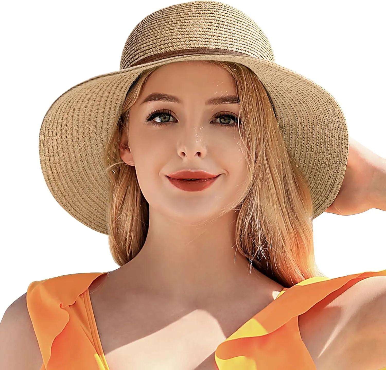 Sun Beach Hats for Women,Wide Brim Straw Hats Womens with Chin Strap, Foldable Woven Sun Hat UV Protection