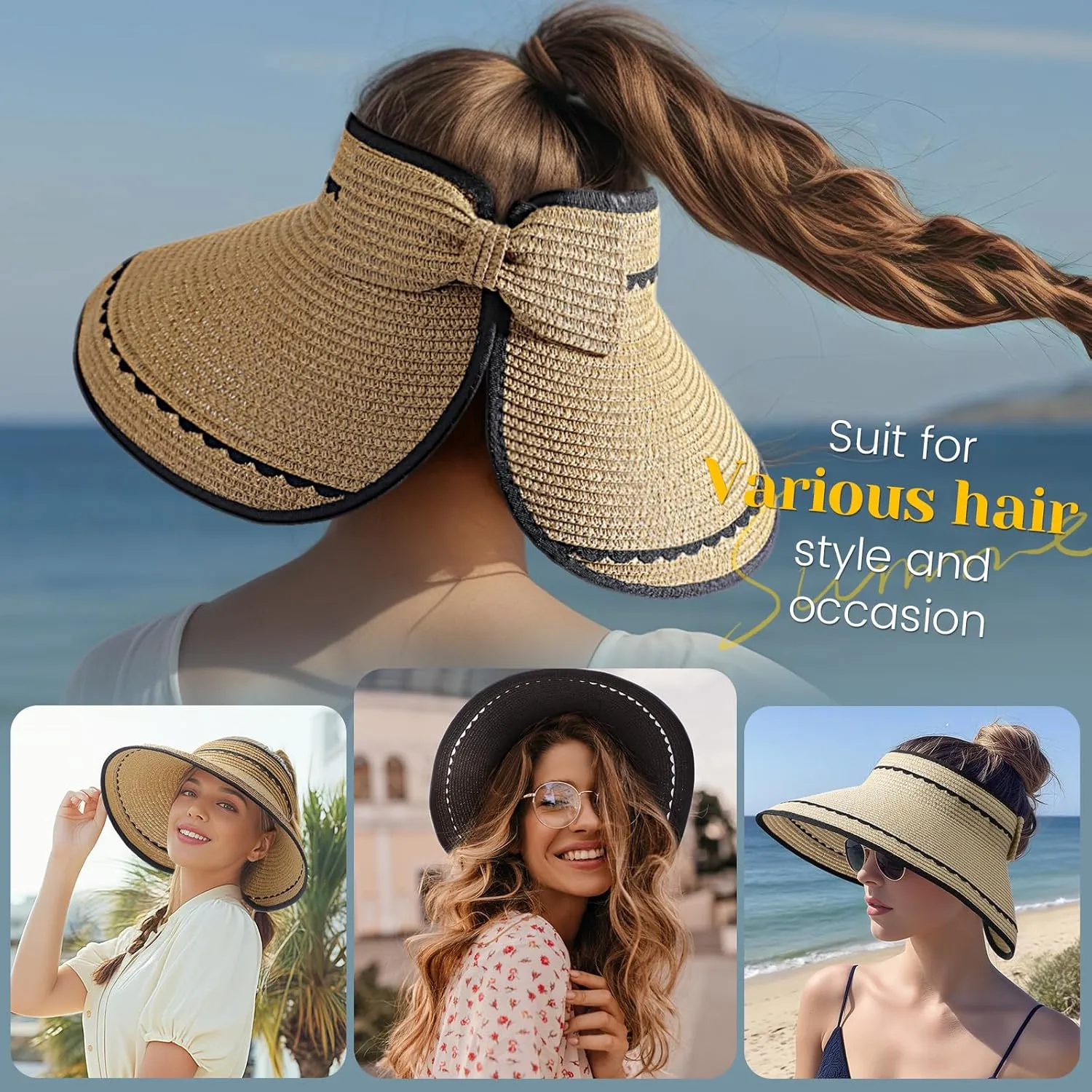 Sun Hats for Women, Beach Hat Sun Hat Women Visor Hats Wide Brim Straw Ponytail Hats for Women Foldable Floppy