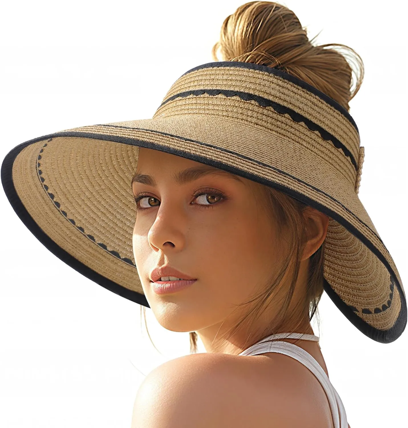 Sun Hats for Women, Beach Hat Sun Hat Women Visor Hats Wide Brim Straw Ponytail Hats for Women Foldable Floppy