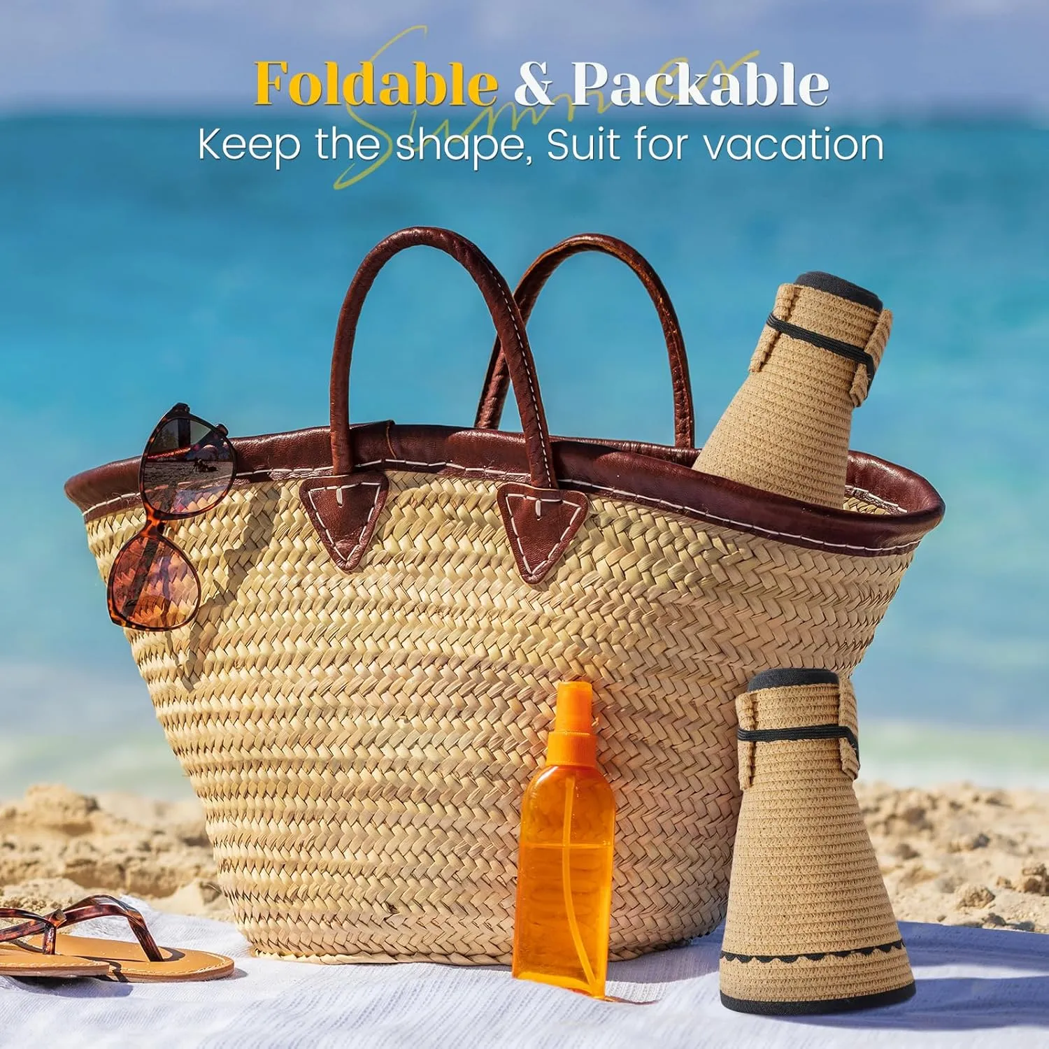 Sun Hats for Women, Beach Hat Sun Hat Women Visor Hats Wide Brim Straw Ponytail Hats for Women Foldable Floppy