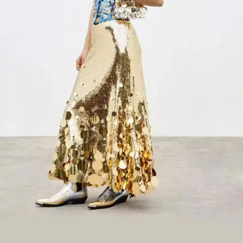 UAKISS  -  Elegant Women's Skirts Loose Fit Solid Sequin Skirt Fashion Streetwear Style High Waist Party Skirts Runway Luxury 2024