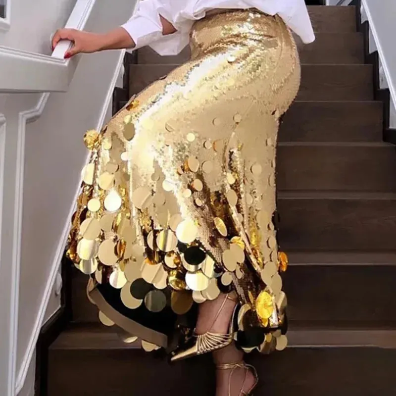 UAKISS  -  Elegant Women's Skirts Loose Fit Solid Sequin Skirt Fashion Streetwear Style High Waist Party Skirts Runway Luxury 2024