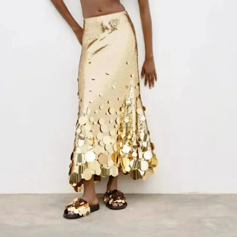 UAKISS  -  Elegant Women's Skirts Loose Fit Solid Sequin Skirt Fashion Streetwear Style High Waist Party Skirts Runway Luxury 2024
