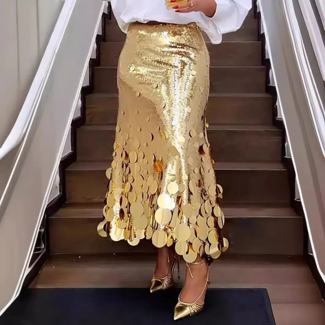 UAKISS  -  Elegant Women's Skirts Loose Fit Solid Sequin Skirt Fashion Streetwear Style High Waist Party Skirts Runway Luxury 2024