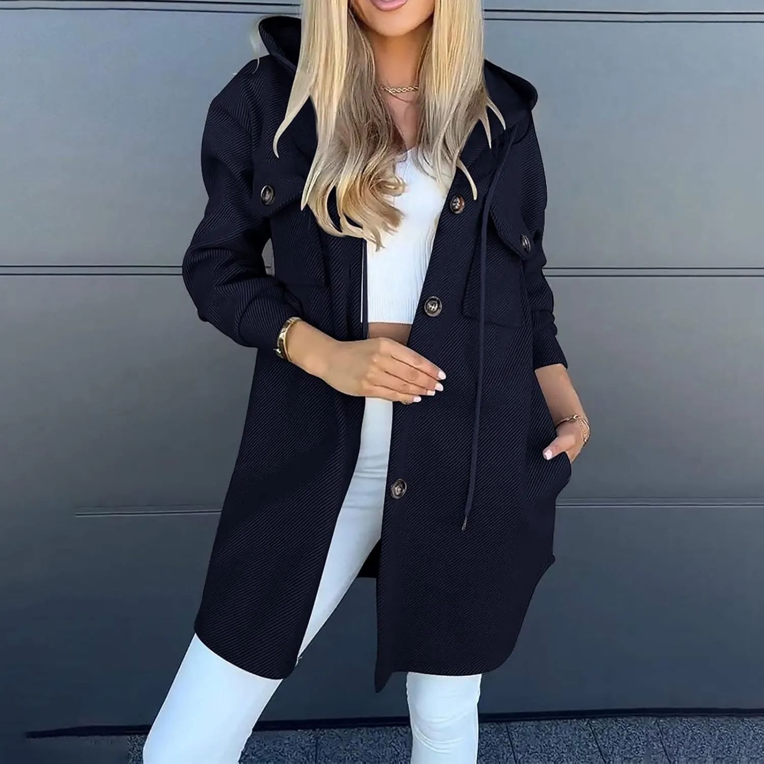 Winter Coats for Women Thick Wool Trench Coat Long Double Breasted Pea Coat Lapel Open Front Jacket with Pockets