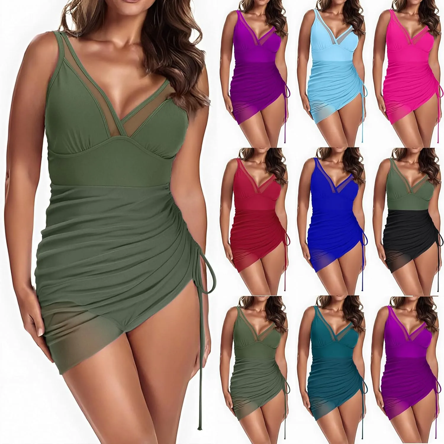 Wkishenl Women's One Piece Swim Dress Tummy Control Swimsuits Sexy V Neck Wrap Bathing Suit 2025 Slimming Mesh Sheer Swimwear