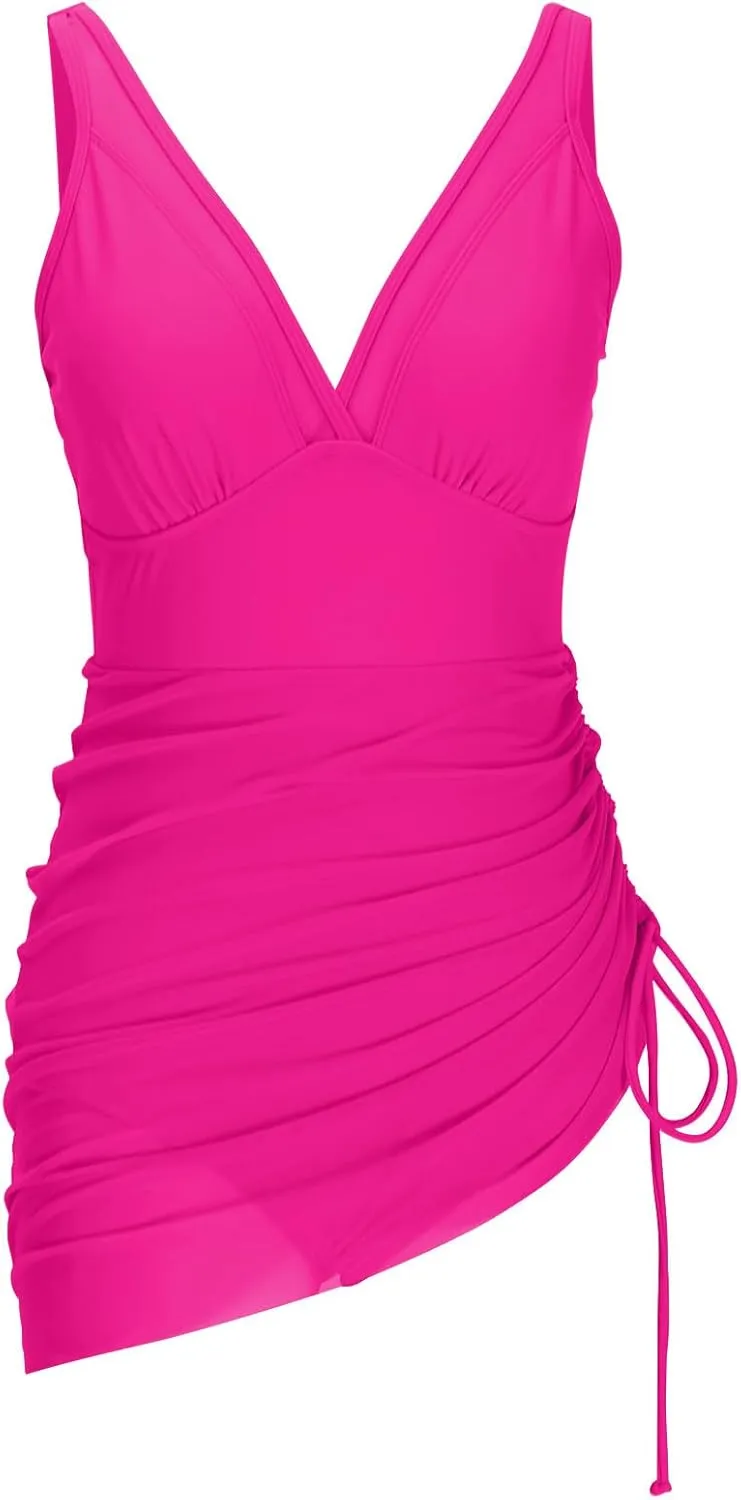 Wkishenl Women's One Piece Swim Dress Tummy Control Swimsuits Sexy V Neck Wrap Bathing Suit 2025 Slimming Mesh Sheer Swimwear