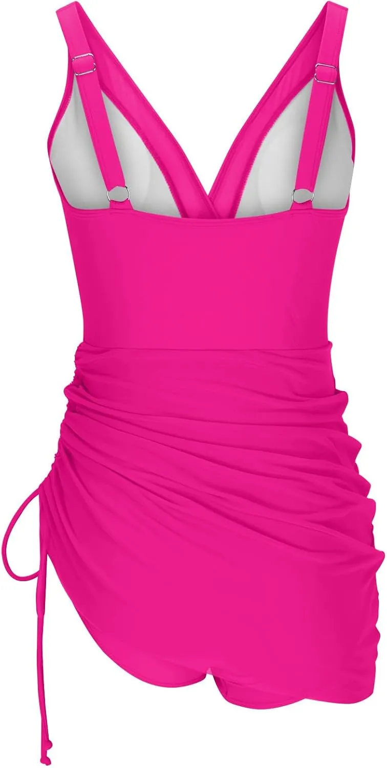 Wkishenl Women's One Piece Swim Dress Tummy Control Swimsuits Sexy V Neck Wrap Bathing Suit 2025 Slimming Mesh Sheer Swimwear