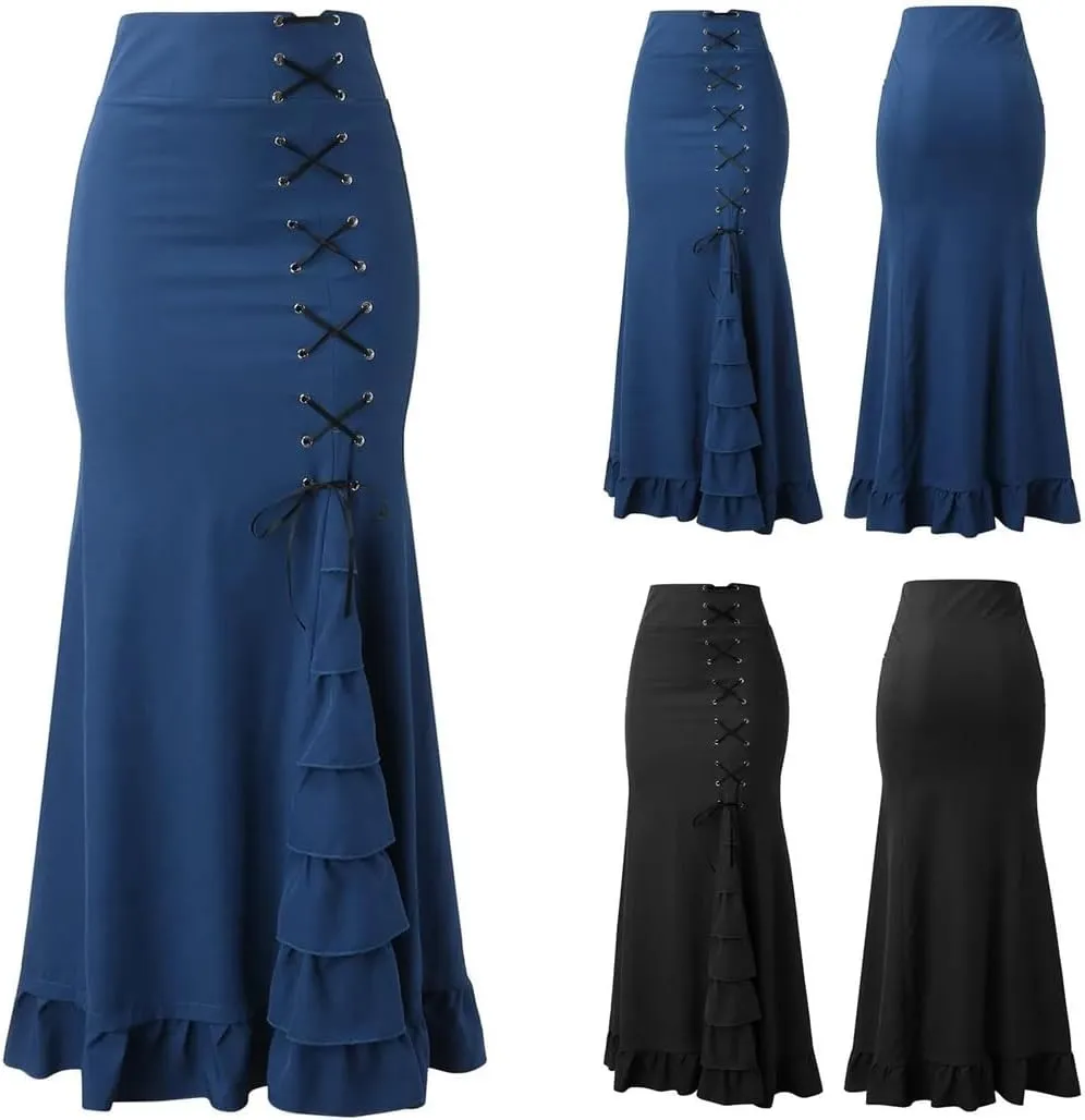 Women High Waist Midi Skirts Slim Fit Hip Vintage Lace Up Ruffles Gothic Skirts