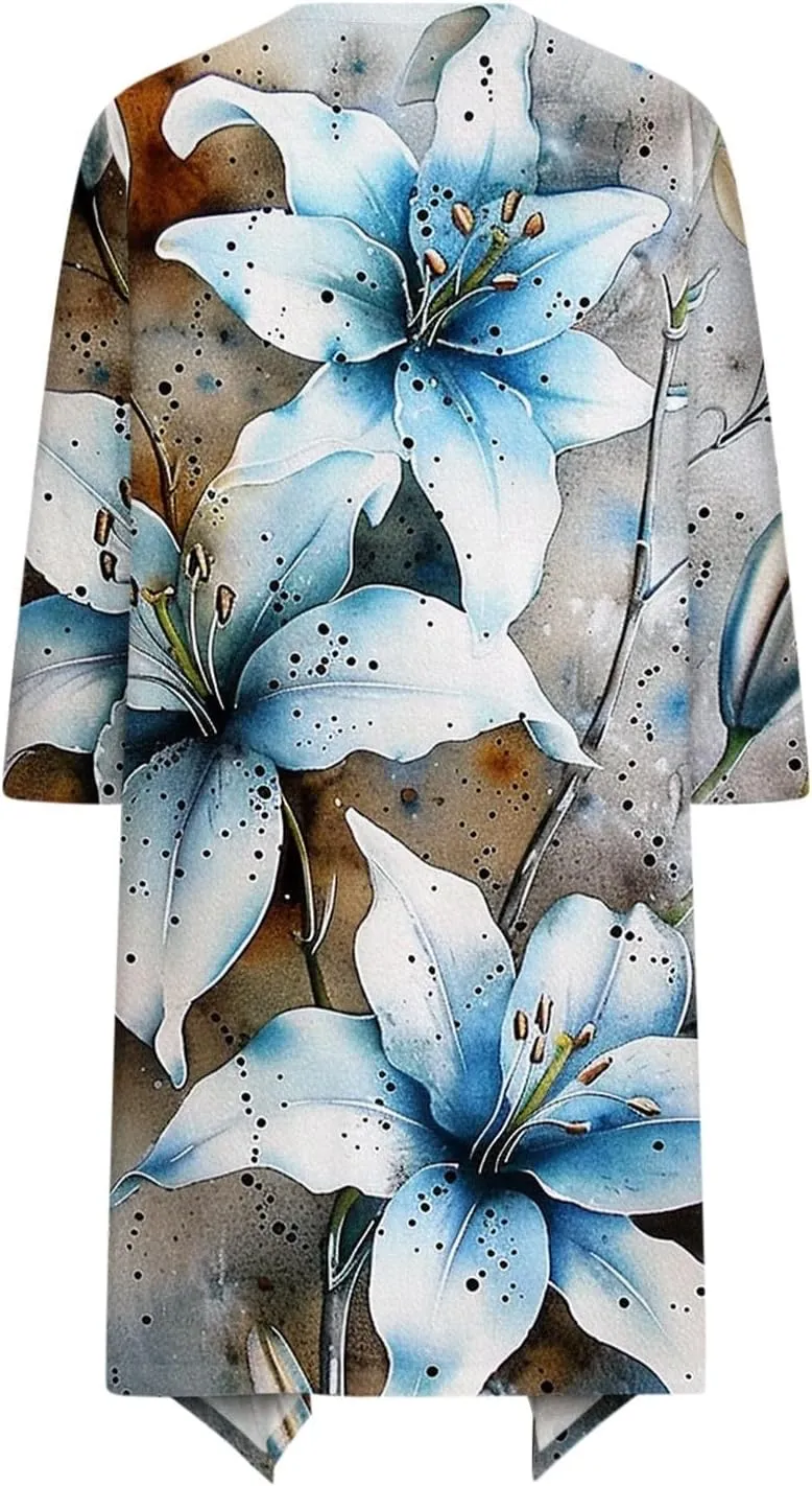 Women Lightweight Cardigans Plus Size Long Sleeve Boho Floral Print Open Front Cover Up Irregular Hem Draped Dusters