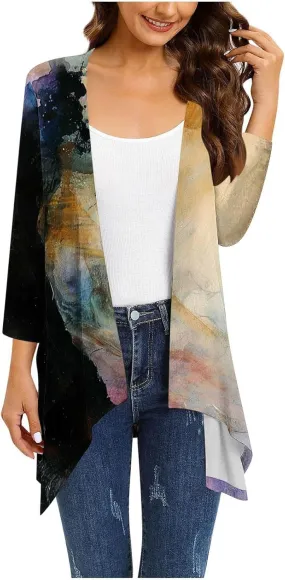 Women Lightweight Cardigans Plus Size Long Sleeve Boho Floral Print Open Front Cover Up Irregular Hem Draped Dusters