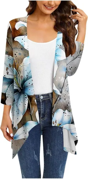 Women Lightweight Cardigans Plus Size Long Sleeve Boho Floral Print Open Front Cover Up Irregular Hem Draped Dusters