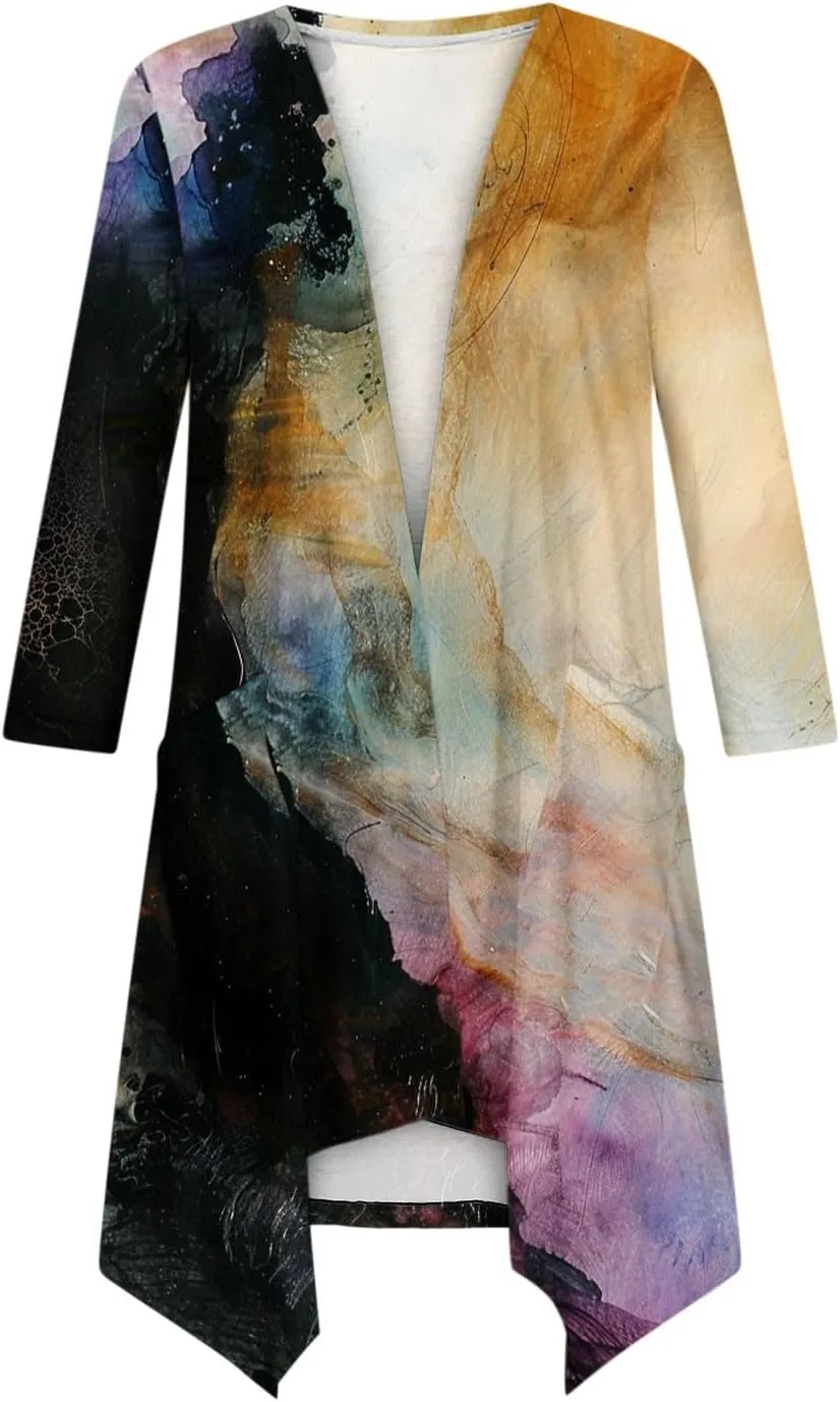 Women Lightweight Cardigans Plus Size Long Sleeve Boho Floral Print Open Front Cover Up Irregular Hem Draped Dusters