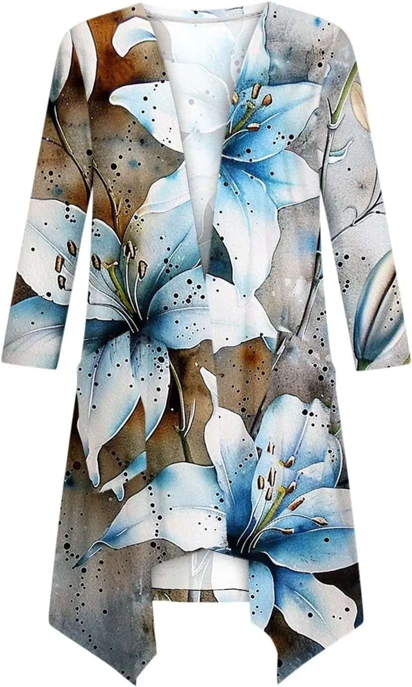 Women Lightweight Cardigans Plus Size Long Sleeve Boho Floral Print Open Front Cover Up Irregular Hem Draped Dusters