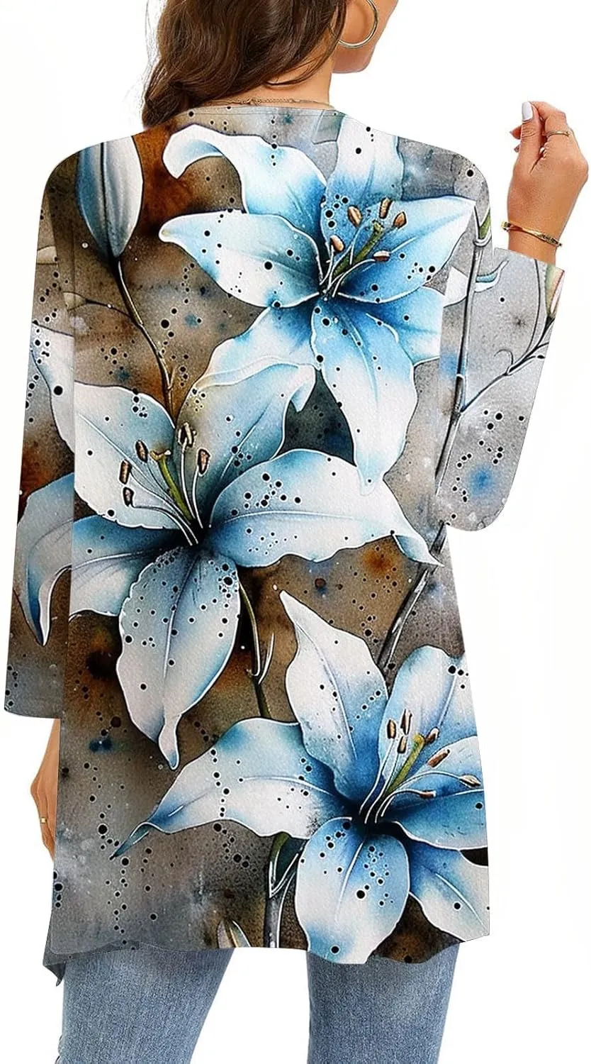 Women Lightweight Cardigans Plus Size Long Sleeve Boho Floral Print Open Front Cover Up Irregular Hem Draped Dusters