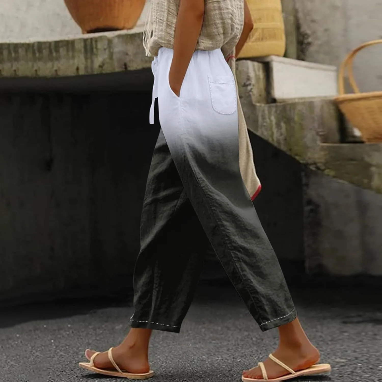 Women Linen Pants Lightweight Capri Pants Cotton Linen High Waisted Trousers Loose Summer Lounge Long Trousers